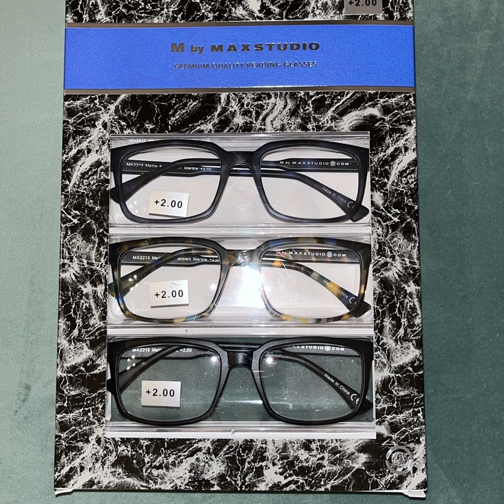 +2.00 Mens reading glasses Max Studio 3 pair black blue 1 camo marble design